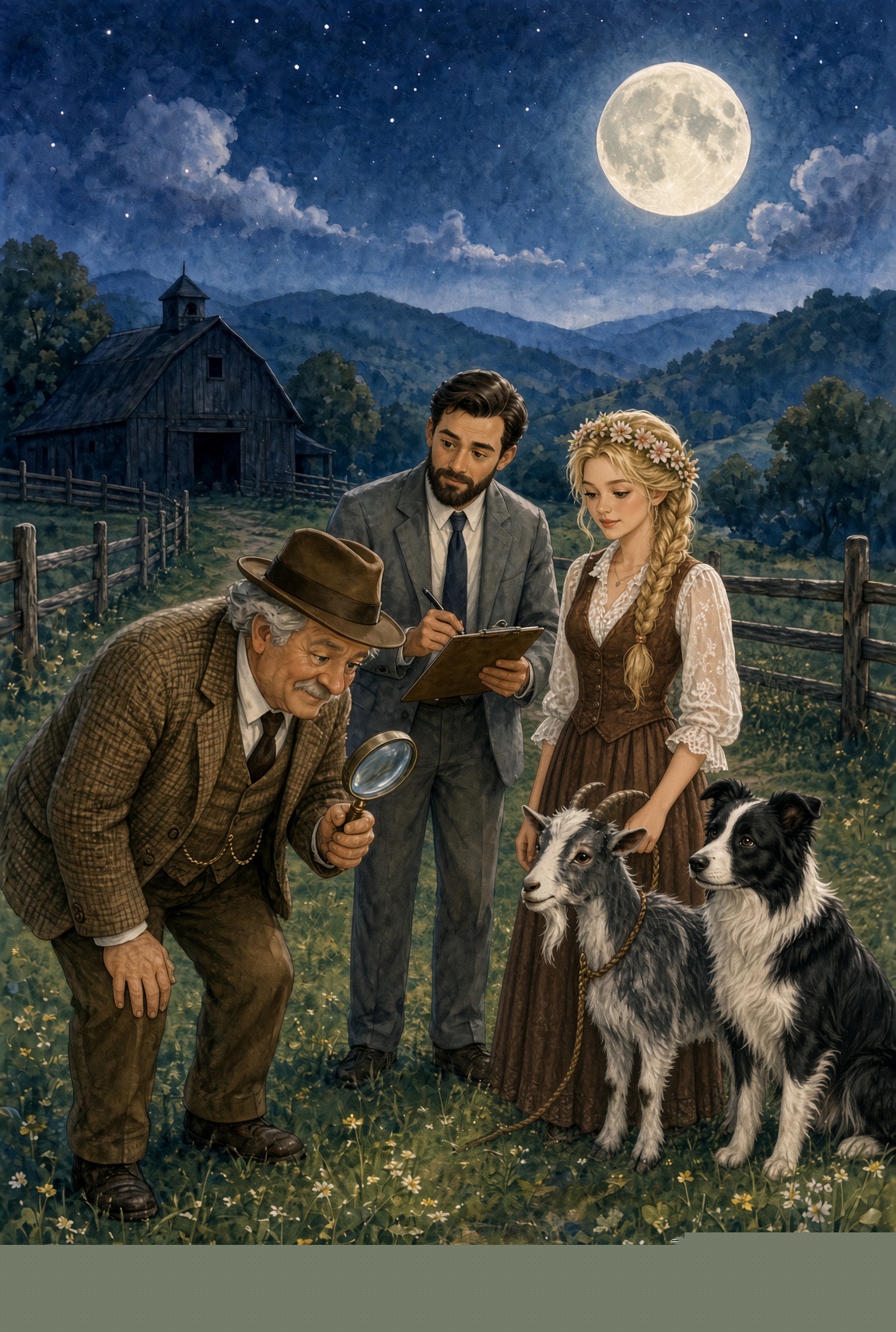 Mr. Elwood and Mr. Jake inspect the farm by moonlight with Dolly, Bramble, and Charlotte