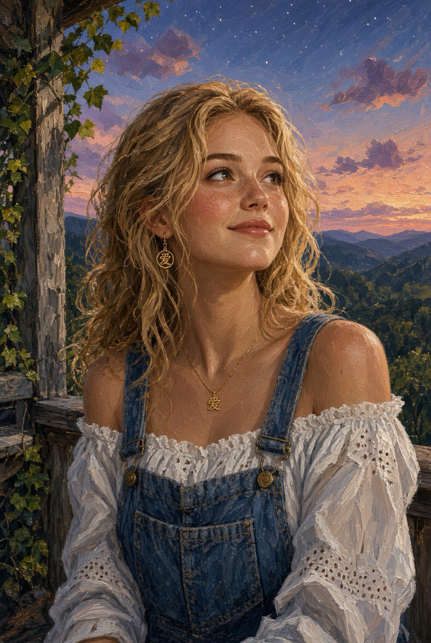 Dolly on the porch at dusk in white blouse and denim overalls, 爱 necklace and earring