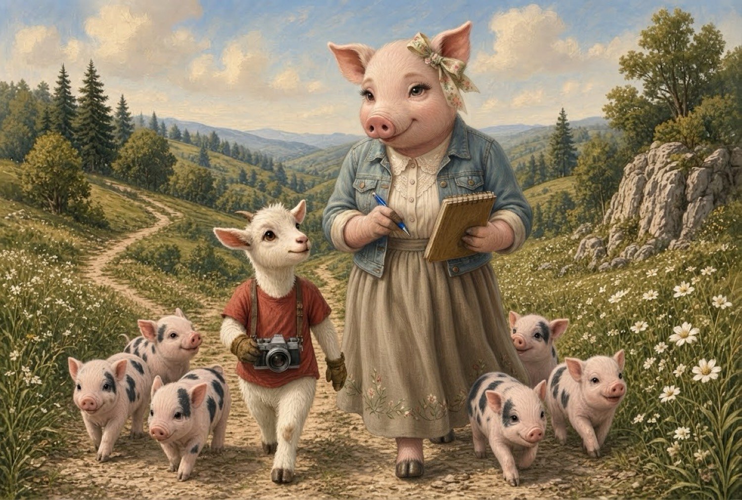 Louise walking the farm lane with Scoop the goat kid and her camera, piglets at their feet