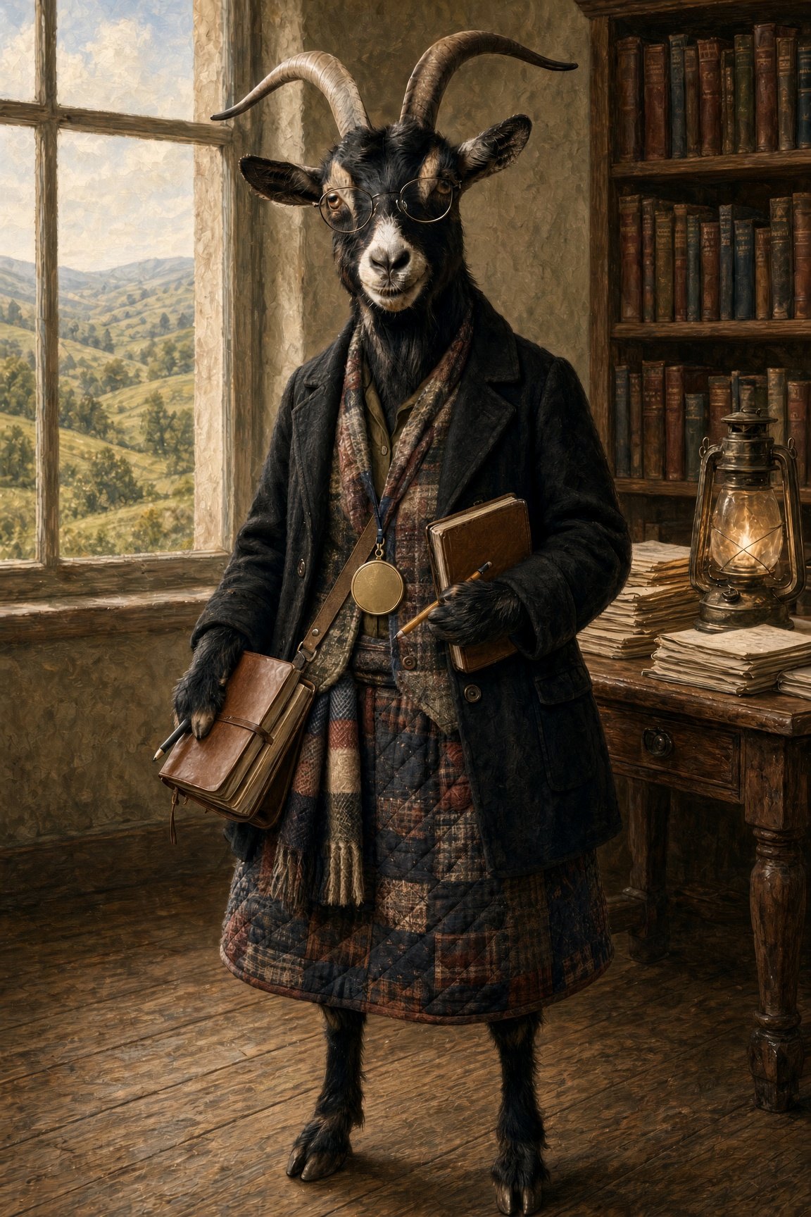 Nanny Belle Quill standing in the Goat News parlor with quilted skirt, brass pin, and notebooks
