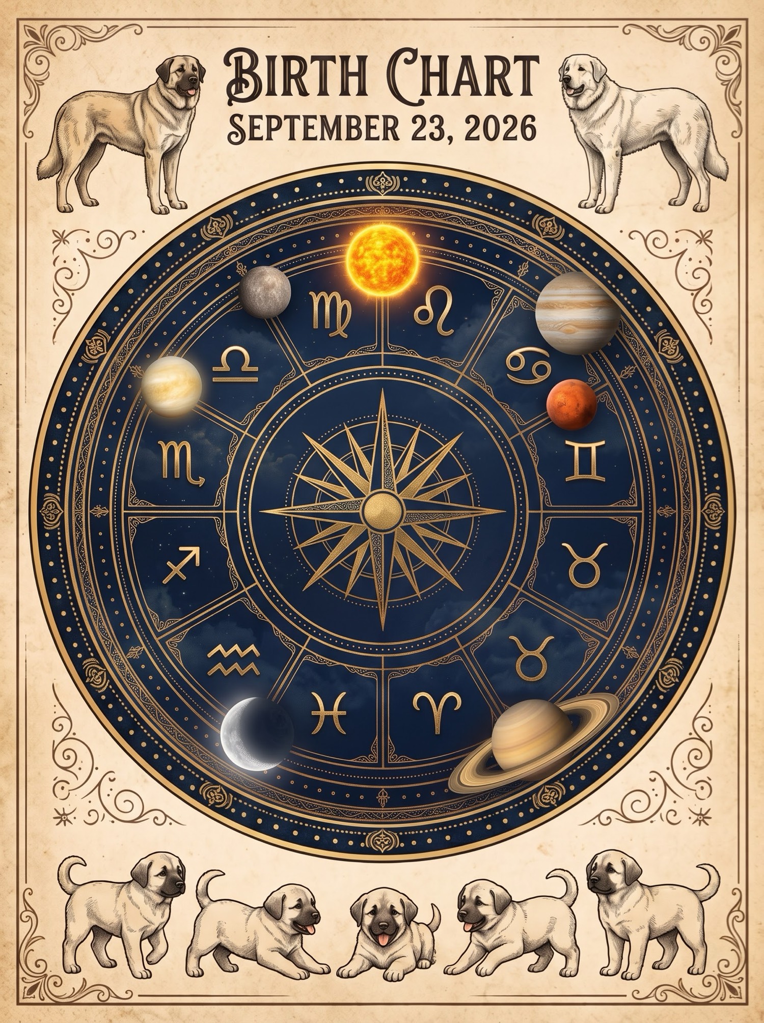 Birth chart for the September 23, 2026 litter — two adult guardians and five cream puppies under the Ozark stars