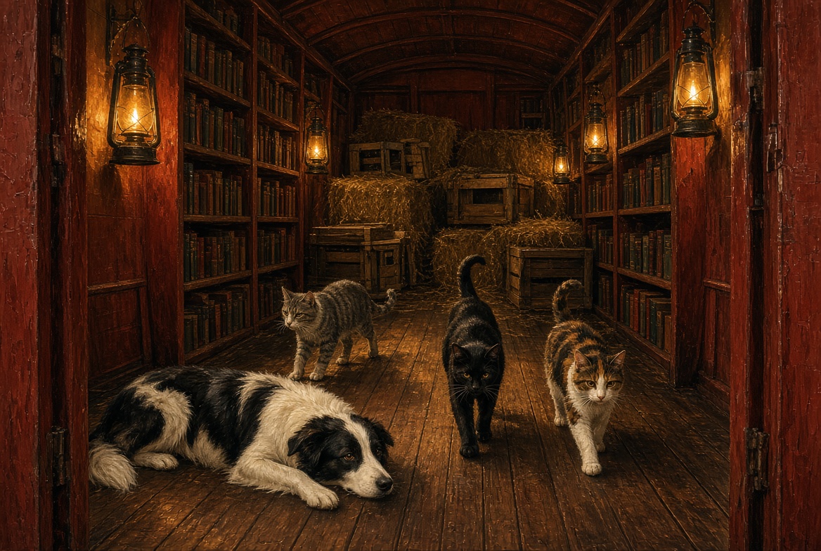 Charlotte lying in the caboose aisle while three library cats walk the lantern light between shelves of books and hay