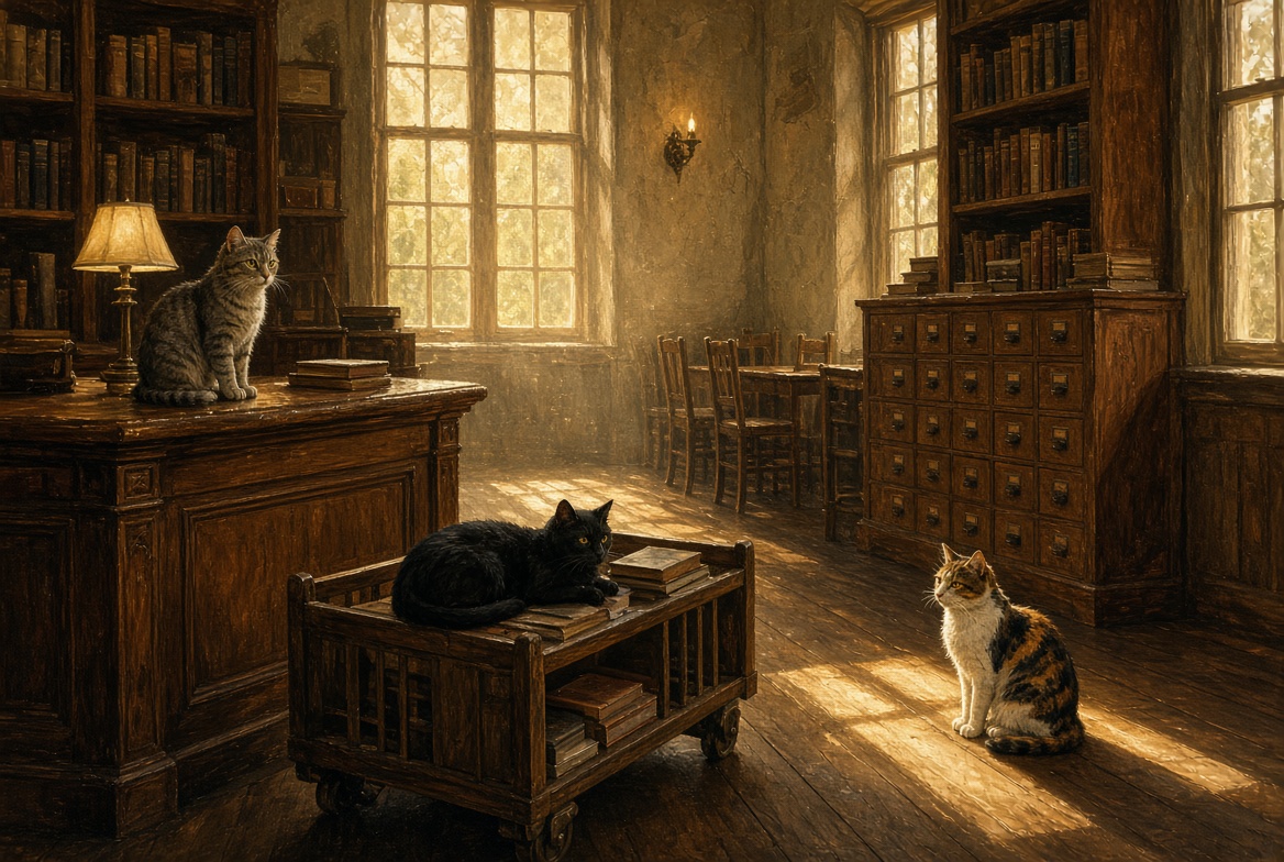 Three library cats in a stack with the hush gone